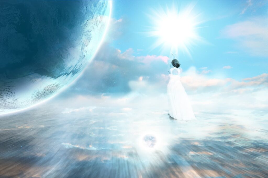 Image of a spiritual woman walking on clouds toward a celestial looking ascended earth