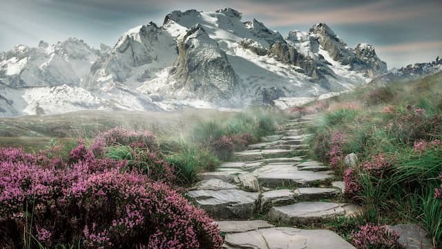 Image of the Mountain of Your Life with a stone path leading to it.