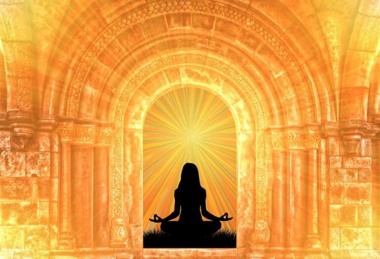 Golden Intentions - Image of meditating woman sitting in the middle of a golden archway.