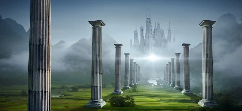 A artistic fantasy image of The Temples and Landscapes of Heaven